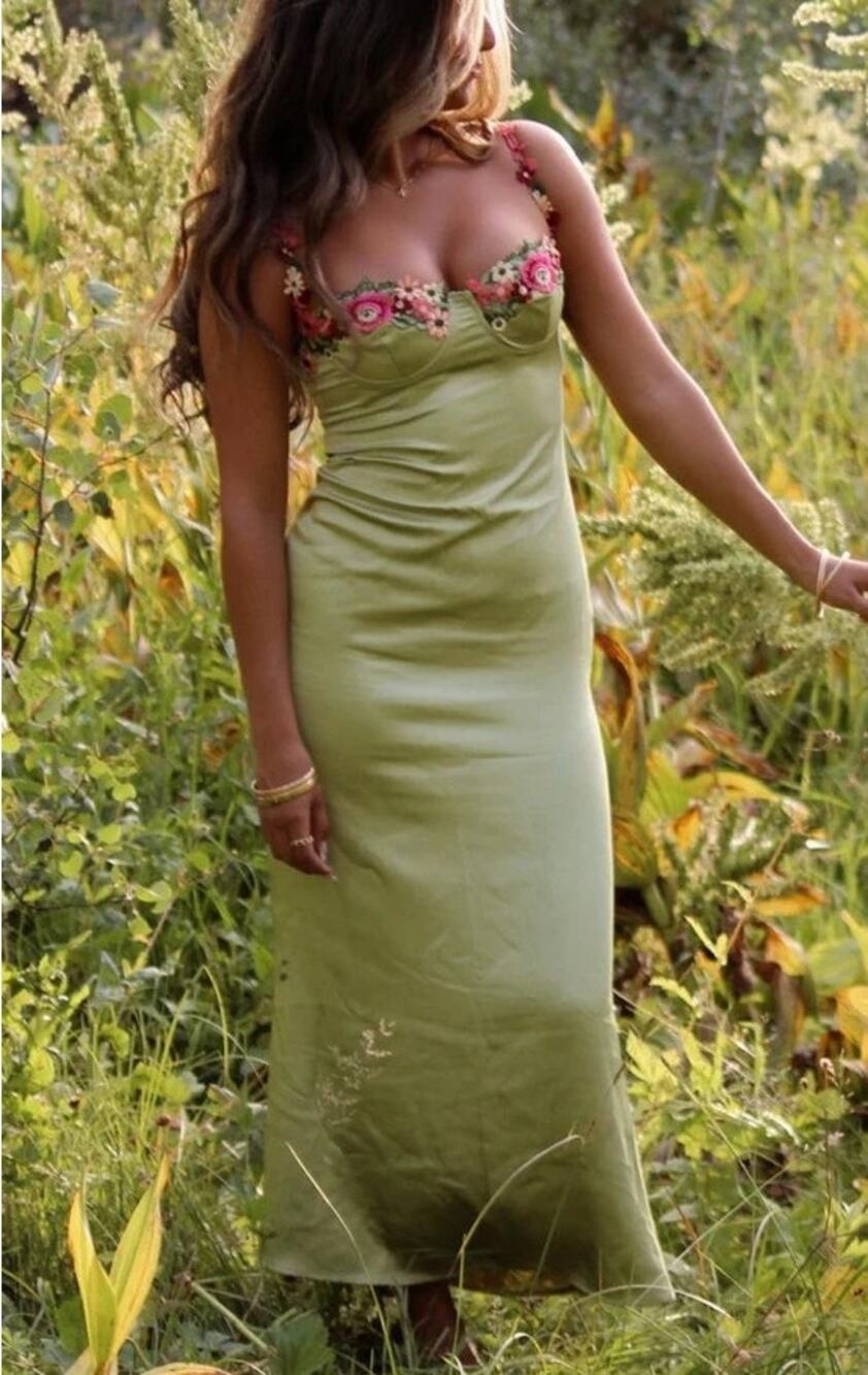 Bobbles & Lace Satin Sleeveless Maxi Slip Dress with Floral Applique Green Small